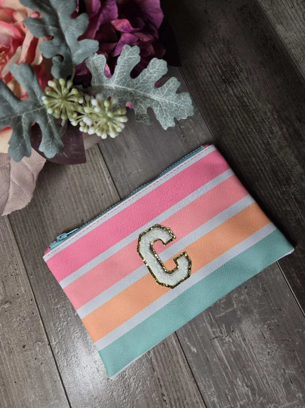 Nylon Striped Cosmetic Bag with C Patch